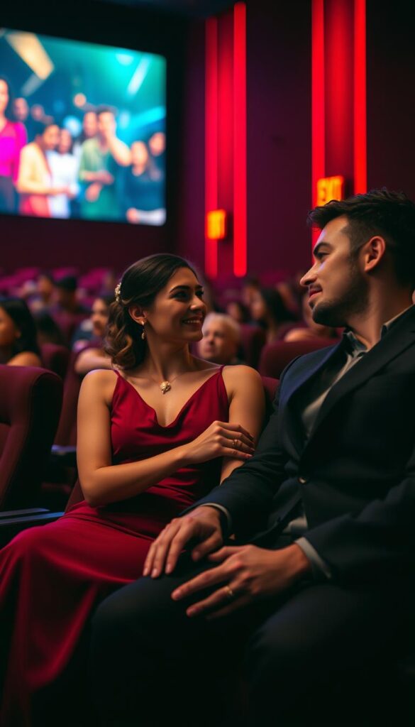 A dimly lit movie theater, the screen flickering with vibrant colors. In the foreground, a stylish couple sits close, fingers interlaced, dressed to impress. The woman wears a sleek, form-fitting dress in a rich, jewel-toned hue, her hair artfully styled, and a touch of understated jewelry adorning her neck. The man, in a sharp, tailored suit, complements her effortlessly, his gaze fixed on her. In the middle ground, plush velvet seats and the faint glow of the exit signs set the mood. The background is a blur of motion, the audience immersed in the cinematic experience. Soft, warm lighting casts a romantic glow, creating an intimate, enchanting atmosphere for this special date night. A dimly lit movie theater, the screen flickering with vibrant colors. In the foreground, a stylish couple sits close, fingers interlaced, dressed to impress. The woman wears a sleek, form-fitting dress in a rich, jewel-toned hue, her hair artfully styled, and a touch of understated jewelry adorning her neck. The man, in a sharp, tailored suit, complements her effortlessly, his gaze fixed on her. In the middle ground, plush velvet seats and the faint glow of the exit signs set the mood. The background is a blur of motion, the audience immersed in the cinematic experience. Soft, warm lighting casts a romantic glow, creating an intimate, enchanting atmosphere for this special date night.