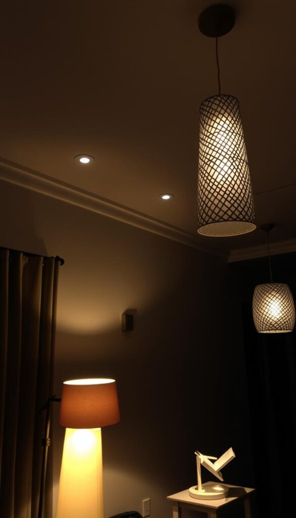 A dimly lit room with a variety of creative lighting solutions, showcasing a harmonious blend of ambient, task, and accent lighting. In the foreground, a modern floor lamp casts a warm, diffused glow, while on the side table, a sleek table lamp with a sculptural shade illuminates a cozy reading nook. In the middle ground, recessed ceiling lights punctuate the space, casting a soft, even light across the room. In the background, a statement pendant light hangs gracefully, its intricate design casting intricate shadows on the walls, creating a mesmerizing play of light and shadow. The overall atmosphere is one of a cozy, inviting ambiance, highlighting the importance of layering light to achieve the perfect balance in any room. A dimly lit room with a variety of creative lighting solutions, showcasing a harmonious blend of ambient, task, and accent lighting. In the foreground, a modern floor lamp casts a warm, diffused glow, while on the side table, a sleek table lamp with a sculptural shade illuminates a cozy reading nook. In the middle ground, recessed ceiling lights punctuate the space, casting a soft, even light across the room. In the background, a statement pendant light hangs gracefully, its intricate design casting intricate shadows on the walls, creating a mesmerizing play of light and shadow. The overall atmosphere is one of a cozy, inviting ambiance, highlighting the importance of layering light to achieve the perfect balance in any room.