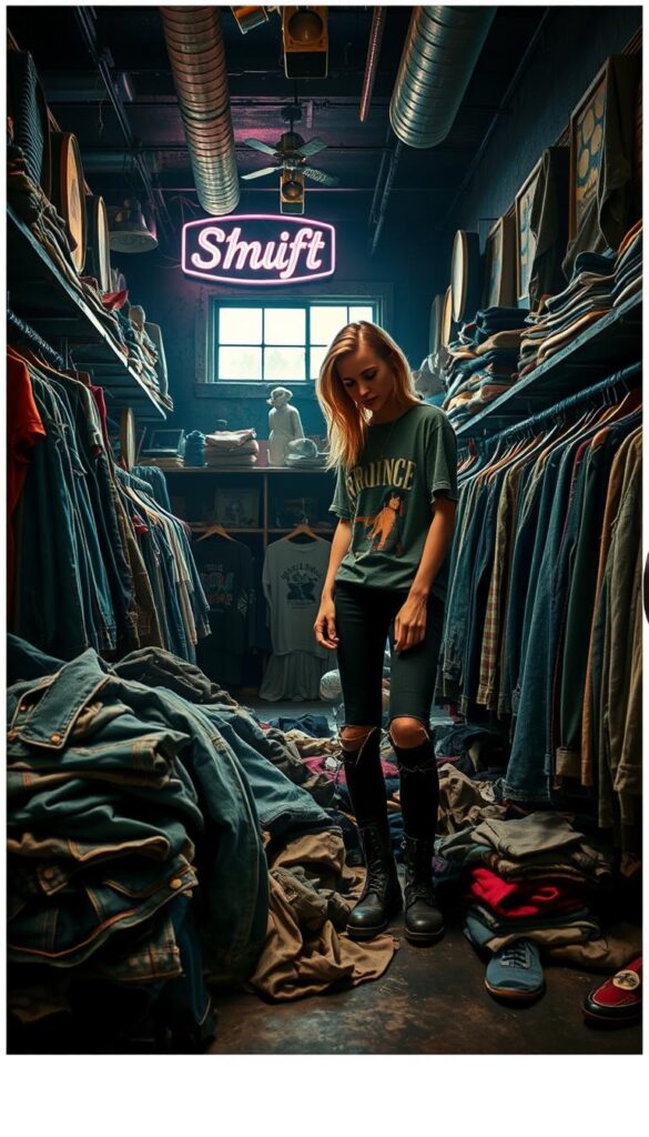 A dimly lit vintage thrift store, its shelves and racks overflowing with a eclectic mix of grunge-inspired clothing. In the foreground, a model dressed in a distressed band tee, ripped black jeans, and scuffed combat boots, carefully sifting through a pile of worn, weathered denim jackets. The middle ground reveals an array of graphic tees, faded flannels, and oversized hoodies, all with a well-worn, lived-in aesthetic. In the background, a neon sign casts a gritty, moody glow, while natural light filters in through dusty windows, creating a sense of faded nostalgia. The atmosphere is one of effortless cool, where each item holds the potential to become the foundation of an authentic, individual grunge-inspired look. A dimly lit vintage thrift store, its shelves and racks overflowing with a eclectic mix of grunge-inspired clothing. In the foreground, a model dressed in a distressed band tee, ripped black jeans, and scuffed combat boots, carefully sifting through a pile of worn, weathered denim jackets. The middle ground reveals an array of graphic tees, faded flannels, and oversized hoodies, all with a well-worn, lived-in aesthetic. In the background, a neon sign casts a gritty, moody glow, while natural light filters in through dusty windows, creating a sense of faded nostalgia. The atmosphere is one of effortless cool, where each item holds the potential to become the foundation of an authentic, individual grunge-inspired look.