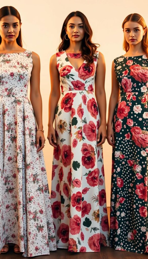 A diverse array of floral dresses, each tailored to flatter a range of body types. In the foreground, a form-fitting A-line dress with a delicate floral pattern that accentuates an hourglass figure. Beside it, a flowing maxi dress with a bold, abstract floral design that elegantly drapes over a curvier silhouette. In the middle ground, a structured sheath dress with a subtle, ditsy floral print that streamlines a rectangular frame. All dresses are lit with soft, warm lighting, creating a flattering, spring-inspired ambiance. The images are captured from a medium distance, allowing the viewer to appreciate the elegant, figure-flattering designs. A diverse array of floral dresses, each tailored to flatter a range of body types. In the foreground, a form-fitting A-line dress with a delicate floral pattern that accentuates an hourglass figure. Beside it, a flowing maxi dress with a bold, abstract floral design that elegantly drapes over a curvier silhouette. In the middle ground, a structured sheath dress with a subtle, ditsy floral print that streamlines a rectangular frame. All dresses are lit with soft, warm lighting, creating a flattering, spring-inspired ambiance. The images are captured from a medium distance, allowing the viewer to appreciate the elegant, figure-flattering designs.