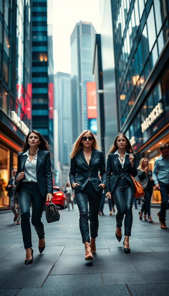 A dynamic street scene featuring fashionable work attire with an edgy twist. In the foreground, a group of professionals strut down the sidewalk, their tailored blazers and sleek trousers complemented by bold accessories - chunky chain necklaces, leather backpacks, and statement heels. The midground showcases the urban landscape, with towering glass skyscrapers and neon-lit storefronts casting a moody, futuristic glow. The background is a blur of motion, capturing the energy and dynamism of the city. Dramatic lighting from angled street lamps and storefront windows creates dramatic shadows and highlights, lending an air of sophistication and visual interest. Shoot with a wide-angle lens to capture the full scope of the scene, using a shallow depth of field to draw the eye to the central figures. A dynamic street scene featuring fashionable work attire with an edgy twist. In the foreground, a group of professionals strut down the sidewalk, their tailored blazers and sleek trousers complemented by bold accessories - chunky chain necklaces, leather backpacks, and statement heels. The midground showcases the urban landscape, with towering glass skyscrapers and neon-lit storefronts casting a moody, futuristic glow. The background is a blur of motion, capturing the energy and dynamism of the city. Dramatic lighting from angled street lamps and storefront windows creates dramatic shadows and highlights, lending an air of sophistication and visual interest. Shoot with a wide-angle lens to capture the full scope of the scene, using a shallow depth of field to draw the eye to the central figures.