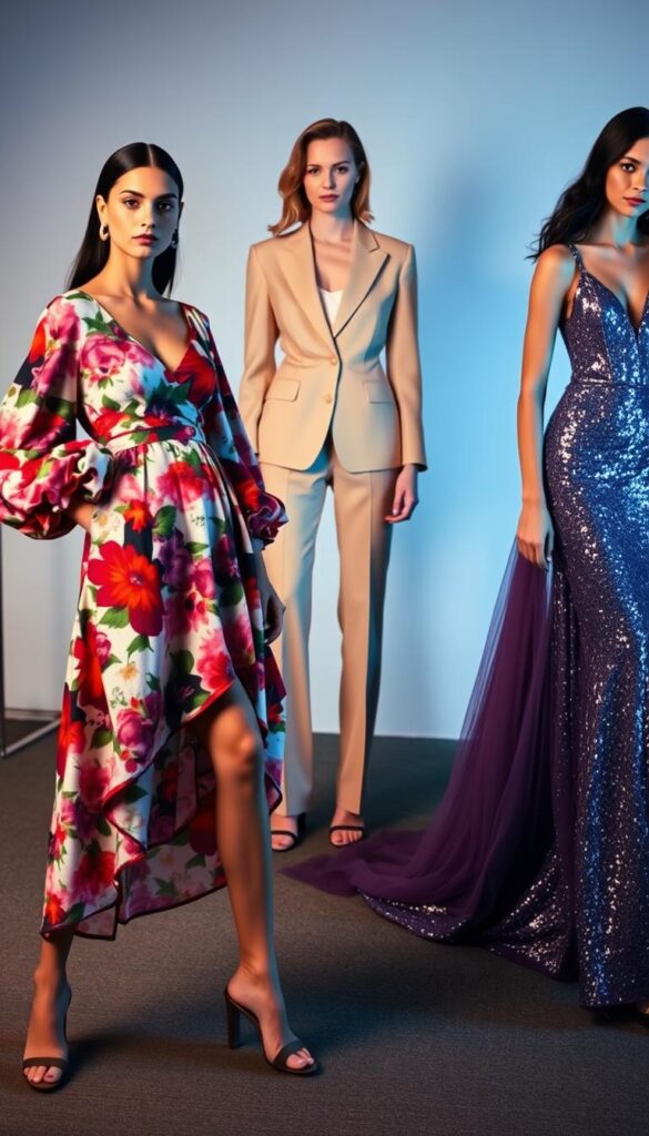 A fashion editorial spread showcasing statement spring looks for special events. In the foreground, a model poses confidently in a vibrant floral midi dress, its voluminous sleeves and asymmetric hemline creating a dynamic silhouette. The middle ground features a chic pantsuit in a pastel hue, tailored to perfection with clean lines and subtle embellishments. In the background, a shimmering sequined gown in a rich jewel tone cascades gracefully, evoking an air of elegance. The lighting is soft and diffused, casting a warm, flattering glow. The camera angle is slightly elevated, providing a high-fashion editorial perspective. The overall mood is one of effortless sophistication, capturing the essence of elevated spring style for special occasions. A fashion editorial spread showcasing statement spring looks for special events. In the foreground, a model poses confidently in a vibrant floral midi dress, its voluminous sleeves and asymmetric hemline creating a dynamic silhouette. The middle ground features a chic pantsuit in a pastel hue, tailored to perfection with clean lines and subtle embellishments. In the background, a shimmering sequined gown in a rich jewel tone cascades gracefully, evoking an air of elegance. The lighting is soft and diffused, casting a warm, flattering glow. The camera angle is slightly elevated, providing a high-fashion editorial perspective. The overall mood is one of effortless sophistication, capturing the essence of elevated spring style for special occasions.