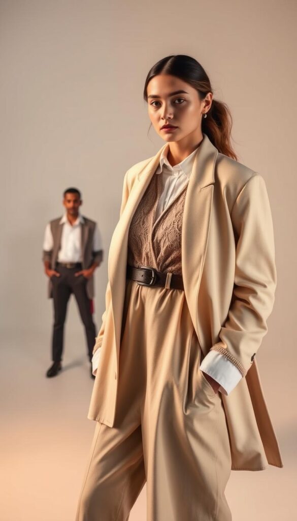 A fashion model showcases three distinct layering techniques in a meticulously lit studio setting. In the foreground, she wears a crisp white button-down shirt layered with a cozy knit sweater, accented by an oversized blazer. In the middle ground, she dons a sleeveless dress layered over a delicate lace camisole, cinched at the waist with a statement belt. In the background, the model layers a long flowing maxi skirt with a cropped leather jacket, creating a chic and versatile ensemble. Warm, directional lighting highlights the textural interplay of the layered garments, while a minimalist backdrop allows the focus to remain on the styling demonstration. A fashion model showcases three distinct layering techniques in a meticulously lit studio setting. In the foreground, she wears a crisp white button-down shirt layered with a cozy knit sweater, accented by an oversized blazer. In the middle ground, she dons a sleeveless dress layered over a delicate lace camisole, cinched at the waist with a statement belt. In the background, the model layers a long flowing maxi skirt with a cropped leather jacket, creating a chic and versatile ensemble. Warm, directional lighting highlights the textural interplay of the layered garments, while a minimalist backdrop allows the focus to remain on the styling demonstration.