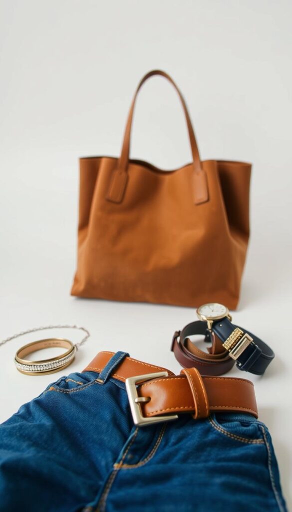 A fashionable composition showcasing statement belts and jeans accessories. In the foreground, a pair of classic blue jeans with a sleek leather belt featuring a bold metallic buckle. Alongside, an array of stylish accessories including a delicate chain necklace, stacked bangles, and a minimalist wrist watch. The middle ground features a suede tote bag in a rich cognac hue, adding a touch of sophistication. The background is a clean, bright studio setting with soft, diffused lighting, emphasizing the textures and details of the ensemble. The overall mood is one of effortless elegance, inviting the viewer to envision how these pieces could elevate a simple jeans-based outfit. A fashionable composition showcasing statement belts and jeans accessories. In the foreground, a pair of classic blue jeans with a sleek leather belt featuring a bold metallic buckle. Alongside, an array of stylish accessories including a delicate chain necklace, stacked bangles, and a minimalist wrist watch. The middle ground features a suede tote bag in a rich cognac hue, adding a touch of sophistication. The background is a clean, bright studio setting with soft, diffused lighting, emphasizing the textures and details of the ensemble. The overall mood is one of effortless elegance, inviting the viewer to envision how these pieces could elevate a simple jeans-based outfit.