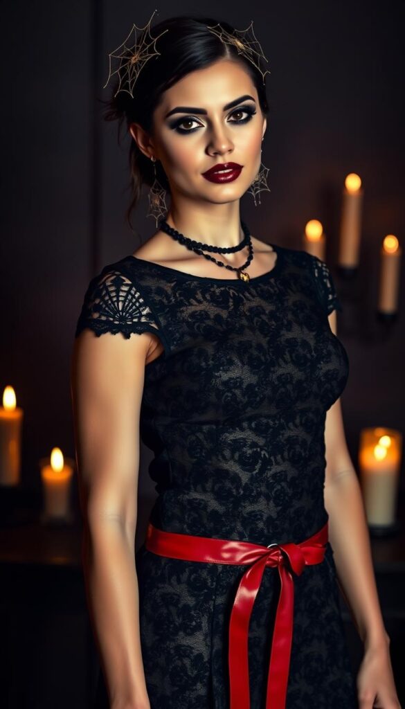 A fashionable model poses against a dimly lit, moody backdrop. She wears a sleek, black lace dress with intricate patterns, cinched at the waist with a bold red belt. Her makeup is dramatic, with dark, smoky eyes and a deep burgundy lip. Delicate spider web accessories adorn her hair and neck, casting eerie shadows. Ambient candlelight flickers, creating a spooky yet alluring atmosphere. The model's expression is confident and captivating, embodying the perfect balance of spooky and chic for a Halloween party. A fashionable model poses against a dimly lit, moody backdrop. She wears a sleek, black lace dress with intricate patterns, cinched at the waist with a bold red belt. Her makeup is dramatic, with dark, smoky eyes and a deep burgundy lip. Delicate spider web accessories adorn her hair and neck, casting eerie shadows. Ambient candlelight flickers, creating a spooky yet alluring atmosphere. The model's expression is confident and captivating, embodying the perfect balance of spooky and chic for a Halloween party.