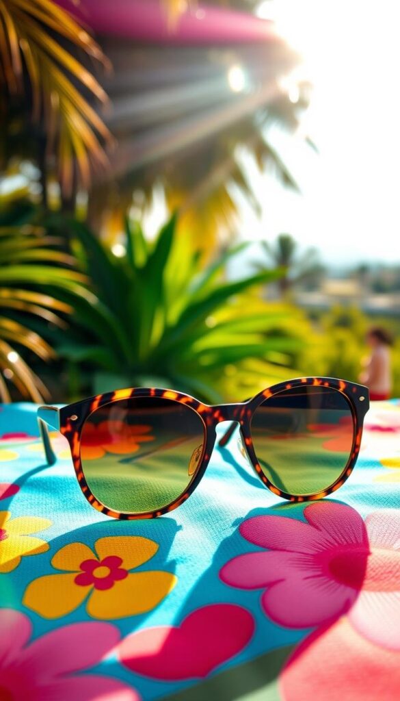 A fashionable pair of retro-inspired sunglasses rests on a vibrant beach towel, against a backdrop of a sun-drenched summer landscape. The glasses have sleek, rounded frames in a classic tortoiseshell pattern, complemented by tinted lenses that cast a warm, golden glow. The towel is a vibrant floral print in shades of turquoise, coral, and yellow, evoking the carefree spirit of the season. Sunlight dances across the scene, creating a sense of warmth and relaxation. The composition is balanced, with the sunglasses taking center stage, surrounded by the lush, tropical foliage and a distant, hazy horizon. This image captures the essence of summer style - effortless, stylish, and perfectly suited for beating the heat. A fashionable pair of retro-inspired sunglasses rests on a vibrant beach towel, against a backdrop of a sun-drenched summer landscape. The glasses have sleek, rounded frames in a classic tortoiseshell pattern, complemented by tinted lenses that cast a warm, golden glow. The towel is a vibrant floral print in shades of turquoise, coral, and yellow, evoking the carefree spirit of the season. Sunlight dances across the scene, creating a sense of warmth and relaxation. The composition is balanced, with the sunglasses taking center stage, surrounded by the lush, tropical foliage and a distant, hazy horizon. This image captures the essence of summer style - effortless, stylish, and perfectly suited for beating the heat.
