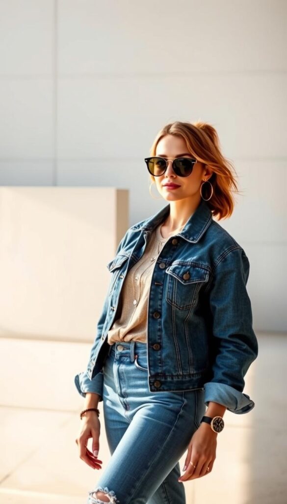 A fashionable woman striking a stylish pose, showcasing seasonal denim styling techniques. Soft, natural lighting illuminates her figure, capturing the versatility of denim in various weather conditions. The foreground features the woman wearing a well-tailored denim jacket, expertly layered with complementary accessories. In the middle ground, additional denim pieces, such as a classic blue jean and a distressed denim shirt, demonstrate the versatility of this wardrobe staple. The background depicts a minimalist, urban setting, suggesting the year-round wearability of denim. The overall atmosphere exudes a sense of effortless elegance and timeless style. A fashionable woman striking a stylish pose, showcasing seasonal denim styling techniques. Soft, natural lighting illuminates her figure, capturing the versatility of denim in various weather conditions. The foreground features the woman wearing a well-tailored denim jacket, expertly layered with complementary accessories. In the middle ground, additional denim pieces, such as a classic blue jean and a distressed denim shirt, demonstrate the versatility of this wardrobe staple. The background depicts a minimalist, urban setting, suggesting the year-round wearability of denim. The overall atmosphere exudes a sense of effortless elegance and timeless style.