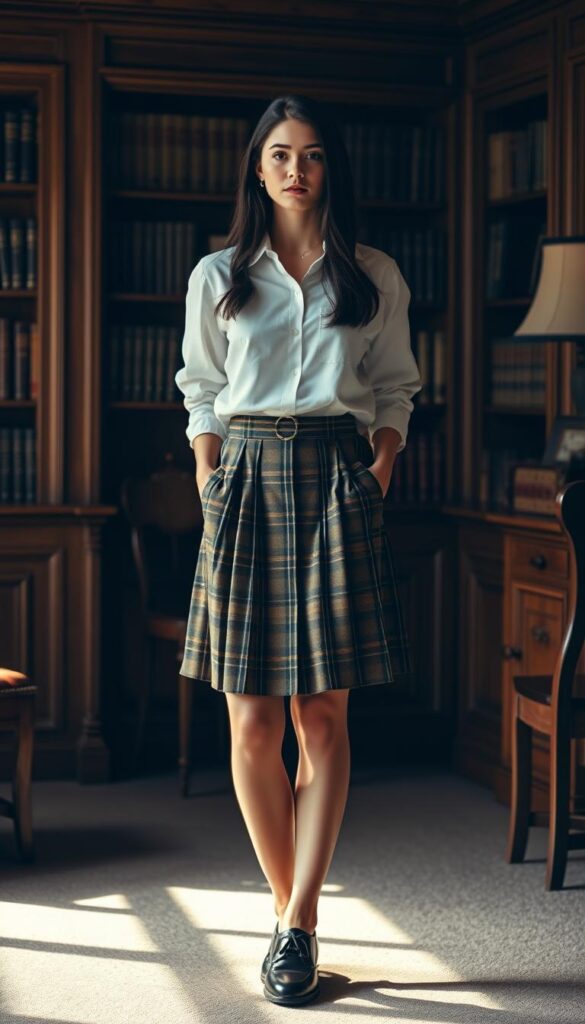 A feminine academic style outfit with a pleated mini skirt. A crisp white button-up blouse with a collared neckline, neatly tucked into a high-waisted, pleated plaid mini skirt in a moody, earthy palette. The skirt hem grazes the mid-thigh, hinting at a touch of youthful rebellion. Sleek black leather oxfords with a low heel provide a sturdy, sophisticated silhouette. Warm, directional studio lighting casts dramatic shadows, creating an air of pensive contemplation. The model stands in a cozy, wood-paneled study, books and vintage decor elements in the background, evoking a sense of scholarly tradition and intellectual curiosity. A feminine academic style outfit with a pleated mini skirt. A crisp white button-up blouse with a collared neckline, neatly tucked into a high-waisted, pleated plaid mini skirt in a moody, earthy palette. The skirt hem grazes the mid-thigh, hinting at a touch of youthful rebellion. Sleek black leather oxfords with a low heel provide a sturdy, sophisticated silhouette. Warm, directional studio lighting casts dramatic shadows, creating an air of pensive contemplation. The model stands in a cozy, wood-paneled study, books and vintage decor elements in the background, evoking a sense of scholarly tradition and intellectual curiosity.