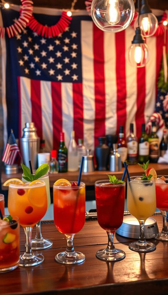 A festive 4th of July cocktail bar adorned with patriotic decor. In the foreground, an array of colorful cocktails in glassware with garnishes like citrus slices, berries, and mint. In the middle ground, a rustic wooden bar top with shakers, jiggers, and bottles of spirits and mixers. The background features an American flag tapestry or wall hanging, creating a celebratory atmosphere. The lighting is warm and inviting, with string lights or lanterns casting a soft glow. The overall scene evokes a cozy, festive ambiance perfect for hosting a 4th of July gathering. A festive 4th of July cocktail bar adorned with patriotic decor. In the foreground, an array of colorful cocktails in glassware with garnishes like citrus slices, berries, and mint. In the middle ground, a rustic wooden bar top with shakers, jiggers, and bottles of spirits and mixers. The background features an American flag tapestry or wall hanging, creating a celebratory atmosphere. The lighting is warm and inviting, with string lights or lanterns casting a soft glow. The overall scene evokes a cozy, festive ambiance perfect for hosting a 4th of July gathering.