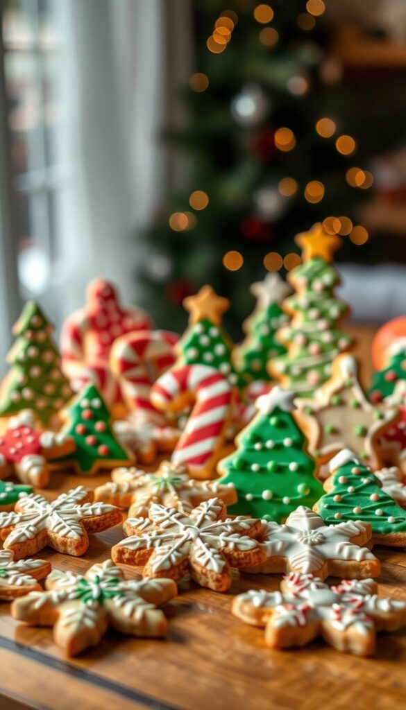 A festive display of holiday-themed cookies arranged artfully on a wooden table. The foreground features a variety of shapes and colors, including snowflakes, Christmas trees, and candy canes, all delicately decorated with intricate piping and sprinkles. The middle ground showcases the cookies arranged in a visually appealing composition, with some standing upright and others placed at angles to create depth and visual interest. The background is softly lit, with a warm, cozy atmosphere that enhances the holiday ambiance. The lighting is soft and natural, casting gentle shadows and highlighting the textural details of the cookies. The overall scene conveys a sense of festive celebration and homemade charm. A festive display of holiday-themed cookies arranged artfully on a wooden table. The foreground features a variety of shapes and colors, including snowflakes, Christmas trees, and candy canes, all delicately decorated with intricate piping and sprinkles. The middle ground showcases the cookies arranged in a visually appealing composition, with some standing upright and others placed at angles to create depth and visual interest. The background is softly lit, with a warm, cozy atmosphere that enhances the holiday ambiance. The lighting is soft and natural, casting gentle shadows and highlighting the textural details of the cookies. The overall scene conveys a sense of festive celebration and homemade charm.