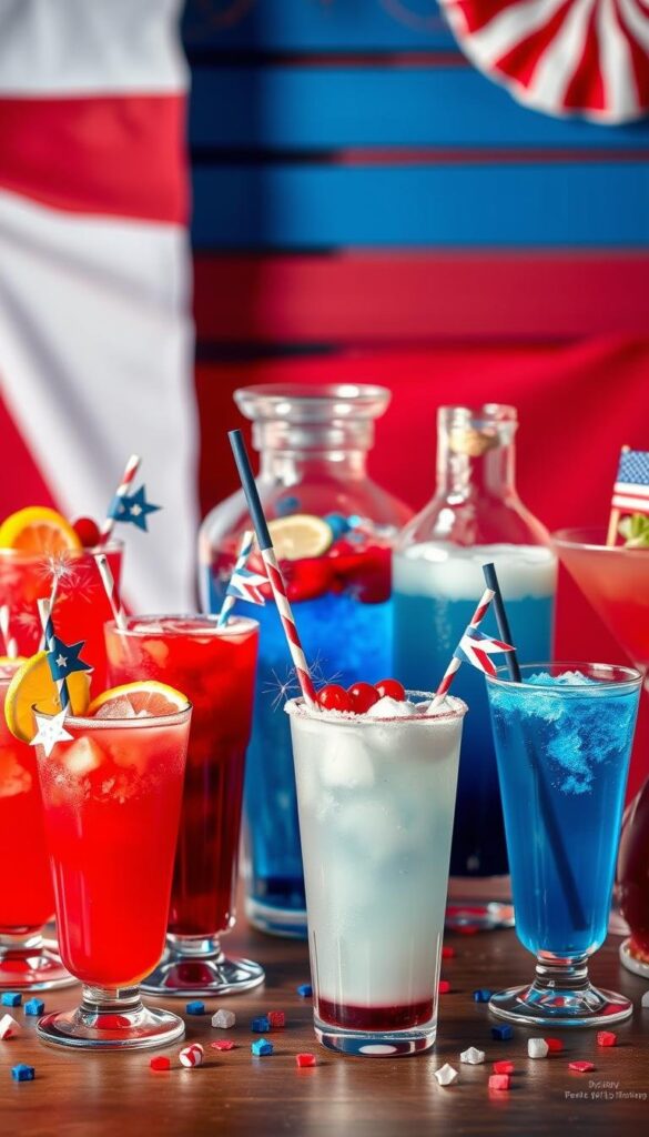 A festive display of patriotic beverages set against a backdrop of vibrant red, white, and blue. In the foreground, an assortment of chilled cocktails and mocktails in classic American colors, adorned with festive garnishes such as star-shaped fruit slices, edible sparklers, and miniature flags. Positioned in the middle ground, a mix of glass and metal vessels, each containing a different libation - from ruby-red punch to snowy-white slushy, and deep-blue lemonade. The lighting casts a warm, celebratory glow, lending a sense of energy and excitement to the scene. The overall composition evokes the spirit of a lively 4th of July gathering, ready to delight and inspire. A festive display of patriotic beverages set against a backdrop of vibrant red, white, and blue. In the foreground, an assortment of chilled cocktails and mocktails in classic American colors, adorned with festive garnishes such as star-shaped fruit slices, edible sparklers, and miniature flags. Positioned in the middle ground, a mix of glass and metal vessels, each containing a different libation - from ruby-red punch to snowy-white slushy, and deep-blue lemonade. The lighting casts a warm, celebratory glow, lending a sense of energy and excitement to the scene. The overall composition evokes the spirit of a lively 4th of July gathering, ready to delight and inspire.