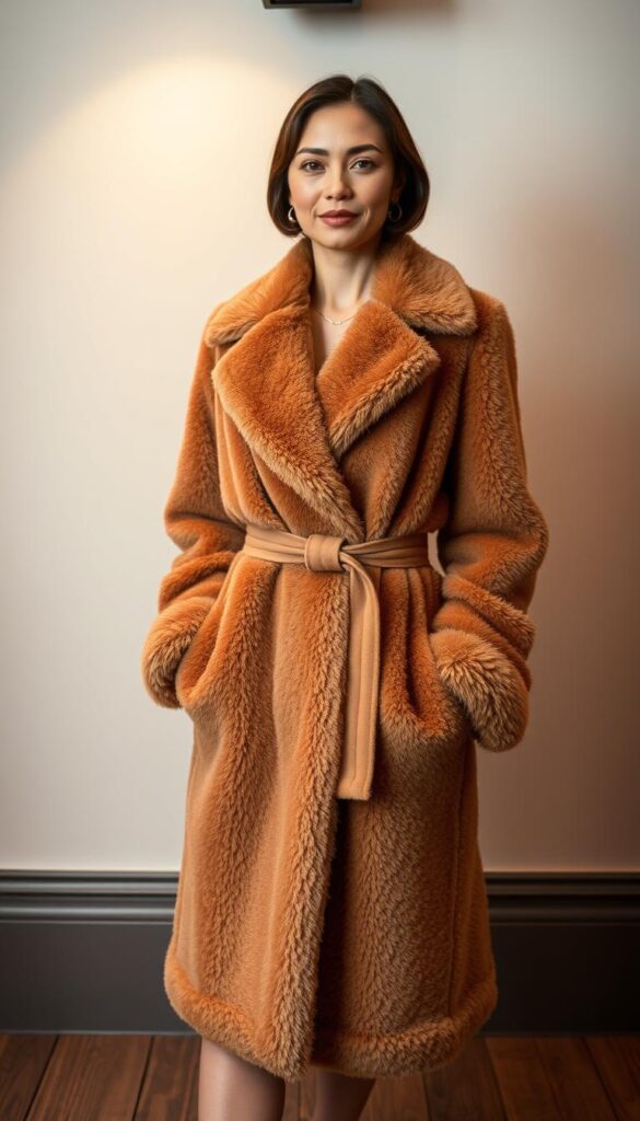 A formal teddy coat for special occasions, crafted with plush faux fur in a rich camel hue. The coat features a tailored silhouette with a classic notched lapel, cinched at the waist with a belt for a refined, feminine shape. Soft lighting from an overhead source illuminates the high-quality fabric, casting gentle shadows that accentuate the luxurious texture. The coat is styled against a refined, minimalist backdrop, with a subtle hint of a wooden floor in the foreground to ground the scene. An elegant, sophisticated look perfect for holiday parties, galas, or any special event. A formal teddy coat for special occasions, crafted with plush faux fur in a rich camel hue. The coat features a tailored silhouette with a classic notched lapel, cinched at the waist with a belt for a refined, feminine shape. Soft lighting from an overhead source illuminates the high-quality fabric, casting gentle shadows that accentuate the luxurious texture. The coat is styled against a refined, minimalist backdrop, with a subtle hint of a wooden floor in the foreground to ground the scene. An elegant, sophisticated look perfect for holiday parties, galas, or any special event.