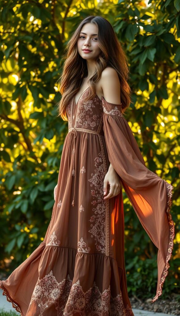 A free-spirited bohemian maxi dress sways gracefully against a backdrop of lush, verdant foliage. Delicate floral embroidery and intricate crochet patterns adorn the flowing fabric, creating an ethereal, goddess-like silhouette. Warm, golden sunlight filters through the leaves, casting a soft, romantic glow on the scene. The dress's deep, earthy tones complement the natural setting, evoking a sense of peaceful harmony. The model's hair cascades in effortless waves, framing her serene expression as she stands tall, embracing the joyful spirit of a graduation celebration. A free-spirited bohemian maxi dress sways gracefully against a backdrop of lush, verdant foliage. Delicate floral embroidery and intricate crochet patterns adorn the flowing fabric, creating an ethereal, goddess-like silhouette. Warm, golden sunlight filters through the leaves, casting a soft, romantic glow on the scene. The dress's deep, earthy tones complement the natural setting, evoking a sense of peaceful harmony. The model's hair cascades in effortless waves, framing her serene expression as she stands tall, embracing the joyful spirit of a graduation celebration.