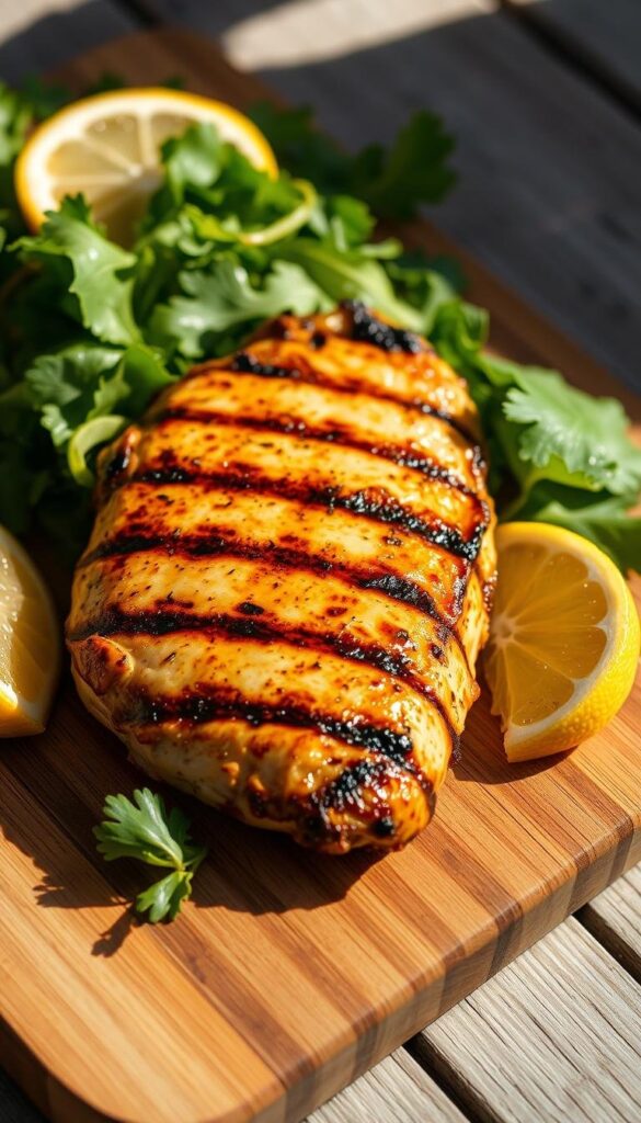 A freshly grilled chicken breast, perfectly seared with charring on the edges, resting on a wooden cutting board. Juicy and tender, the chicken's golden-brown skin glistens under the warm natural lighting. A crisp green salad and lemon wedges surround the chicken, creating a vibrant and summery arrangement. The scene is captured with a shallow depth of field, focusing the viewer's attention on the succulent, flavorful chicken. Subtle shadows add depth and dimension, while the overall composition evokes a sense of simple, healthy, and delicious al fresco dining. A freshly grilled chicken breast, perfectly seared with charring on the edges, resting on a wooden cutting board. Juicy and tender, the chicken's golden-brown skin glistens under the warm natural lighting. A crisp green salad and lemon wedges surround the chicken, creating a vibrant and summery arrangement. The scene is captured with a shallow depth of field, focusing the viewer's attention on the succulent, flavorful chicken. Subtle shadows add depth and dimension, while the overall composition evokes a sense of simple, healthy, and delicious al fresco dining.