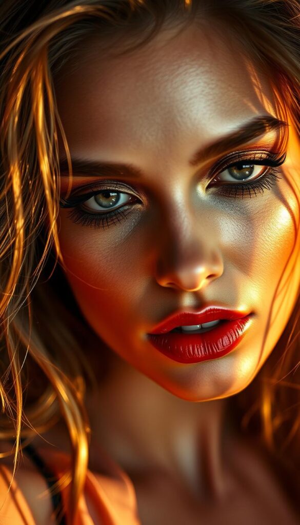 A glamorous close-up portrait of a sultry summer "baddie" look. The model has expertly applied smoky eyeshadow in shimmering golden hues, dramatic winged eyeliner, and bold red lips. Her skin is glowing with a healthy, sun-kissed complexion, accentuated by a strobing highlight. Wispy, flyaway baby hairs frame her face, adding an effortless, undone vibe. The lighting is soft and warm, creating an intimate, alluring atmosphere. Shot with a shallow depth of field, placing the focus firmly on the model's striking features and makeup artistry. A glamorous close-up portrait of a sultry summer "baddie" look. The model has expertly applied smoky eyeshadow in shimmering golden hues, dramatic winged eyeliner, and bold red lips. Her skin is glowing with a healthy, sun-kissed complexion, accentuated by a strobing highlight. Wispy, flyaway baby hairs frame her face, adding an effortless, undone vibe. The lighting is soft and warm, creating an intimate, alluring atmosphere. Shot with a shallow depth of field, placing the focus firmly on the model's striking features and makeup artistry.