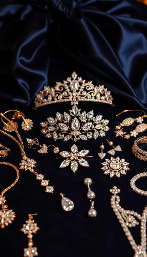 A glamorous collection of sparkling NYE accessories and party jewelry elegantly arranged on a luxurious velvet surface. In the foreground, an array of statement necklaces, earrings, and bracelets in gold, silver, and gemstones catch the light. In the middle ground, a sparkling tiara, a bejeweled hair clip, and a set of crystal-studded hairpins form a dazzling display. The background features a luxurious satin ribbon in a deep midnight blue, creating a rich, opulent atmosphere. Soft, warm lighting from above accentuates the inherent elegance and festive mood of the scene, inviting the viewer to imagine the perfect finishing touches for a New Year's Eve ensemble. A glamorous collection of sparkling NYE accessories and party jewelry elegantly arranged on a luxurious velvet surface. In the foreground, an array of statement necklaces, earrings, and bracelets in gold, silver, and gemstones catch the light. In the middle ground, a sparkling tiara, a bejeweled hair clip, and a set of crystal-studded hairpins form a dazzling display. The background features a luxurious satin ribbon in a deep midnight blue, creating a rich, opulent atmosphere. Soft, warm lighting from above accentuates the inherent elegance and festive mood of the scene, inviting the viewer to imagine the perfect finishing touches for a New Year's Eve ensemble.