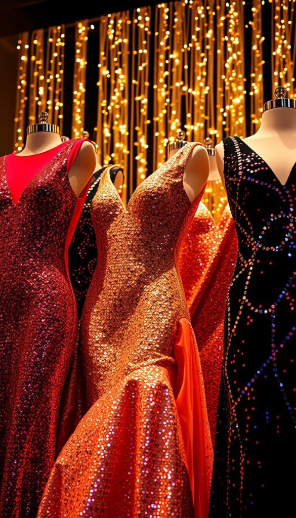 A glamorous display of sequin-encrusted dresses dazzles against a backdrop of twinkling New Year's Eve lights. Shimmering fabrics in bold colors and elegant silhouettes take center stage, exuding an aura of celebration and luxury. Intricate patterns and textures catch the eye, drawing the viewer in for a closer look. The dresses are artfully arranged, creating a visually striking composition that captures the essence of a sequin-filled New Year's Eve celebration. Warm, soft lighting casts a flattering glow, accentuating the sparkle and shine of the fabrics. The overall scene evokes a sense of festivity, anticipation, and the thrill of welcoming a new year in style. A glamorous display of sequin-encrusted dresses dazzles against a backdrop of twinkling New Year's Eve lights. Shimmering fabrics in bold colors and elegant silhouettes take center stage, exuding an aura of celebration and luxury. Intricate patterns and textures catch the eye, drawing the viewer in for a closer look. The dresses are artfully arranged, creating a visually striking composition that captures the essence of a sequin-filled New Year's Eve celebration. Warm, soft lighting casts a flattering glow, accentuating the sparkle and shine of the fabrics. The overall scene evokes a sense of festivity, anticipation, and the thrill of welcoming a new year in style.