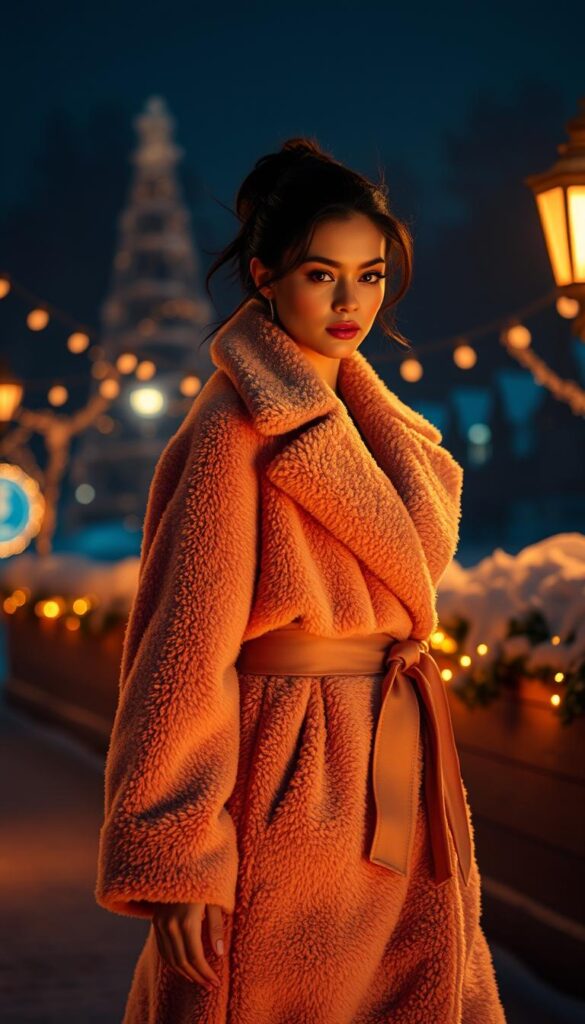 A glamorous evening scene, bathed in warm, soft lighting. In the foreground, a captivating model strolls elegantly, draped in a luxurious teddy coat in a rich, plush beige hue. The coat's oversized lapels, cinched waist, and flowing silhouette exude effortless sophistication. The model's makeup is flawless, and their hairstyle is styled in a chic, windswept updo. In the middle ground, a picturesque winter backdrop unfolds, with twinkling lights and a dusting of snow adding to the enchanting ambiance. The overall mood is one of refined elegance and irresistible allure, perfectly capturing the essence of a date night in the winter wonderland. A glamorous evening scene, bathed in warm, soft lighting. In the foreground, a captivating model strolls elegantly, draped in a luxurious teddy coat in a rich, plush beige hue. The coat's oversized lapels, cinched waist, and flowing silhouette exude effortless sophistication. The model's makeup is flawless, and their hairstyle is styled in a chic, windswept updo. In the middle ground, a picturesque winter backdrop unfolds, with twinkling lights and a dusting of snow adding to the enchanting ambiance. The overall mood is one of refined elegance and irresistible allure, perfectly capturing the essence of a date night in the winter wonderland.