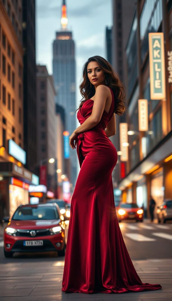 A glamorously dressed woman stands in the foreground, the focal point of the scene. She wears a striking, high-fashion evening gown in a bold, jewel-toned color, its intricate details and flowing silhouette capturing the essence of a dramatic, fashion-forward look. The lighting casts a warm, golden glow, creating a sense of drama and sophistication. In the middle ground, a bustling city street at dusk serves as the backdrop, with towering skyscrapers and neon-lit storefronts adding an air of urban energy and excitement. The woman's confident pose and striking ensemble make her the undisputed star of the scene, drawing the viewer's gaze and commanding attention like a true style icon. A glamorously dressed woman stands in the foreground, the focal point of the scene. She wears a striking, high-fashion evening gown in a bold, jewel-toned color, its intricate details and flowing silhouette capturing the essence of a dramatic, fashion-forward look. The lighting casts a warm, golden glow, creating a sense of drama and sophistication. In the middle ground, a bustling city street at dusk serves as the backdrop, with towering skyscrapers and neon-lit storefronts adding an air of urban energy and excitement. The woman's confident pose and striking ensemble make her the undisputed star of the scene, drawing the viewer's gaze and commanding attention like a true style icon.