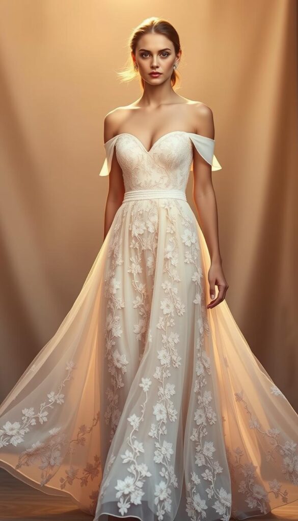 A graceful, embroidered graduation dress with intricate floral patterns cascading down the bodice and skirt. The dress features a high, off-the-shoulder neckline, accentuating the model's elegant poise. Soft, warm lighting illuminates the delicate textural details, highlighting the craftsmanship of the embroidery. The dress flows gently, creating a sense of movement and celebration. The background is a blurred, ethereal backdrop, allowing the dress to be the focal point. This is a unique, expressive statement piece that would captivate any graduation ceremony. A graceful, embroidered graduation dress with intricate floral patterns cascading down the bodice and skirt. The dress features a high, off-the-shoulder neckline, accentuating the model's elegant poise. Soft, warm lighting illuminates the delicate textural details, highlighting the craftsmanship of the embroidery. The dress flows gently, creating a sense of movement and celebration. The background is a blurred, ethereal backdrop, allowing the dress to be the focal point. This is a unique, expressive statement piece that would captivate any graduation ceremony.