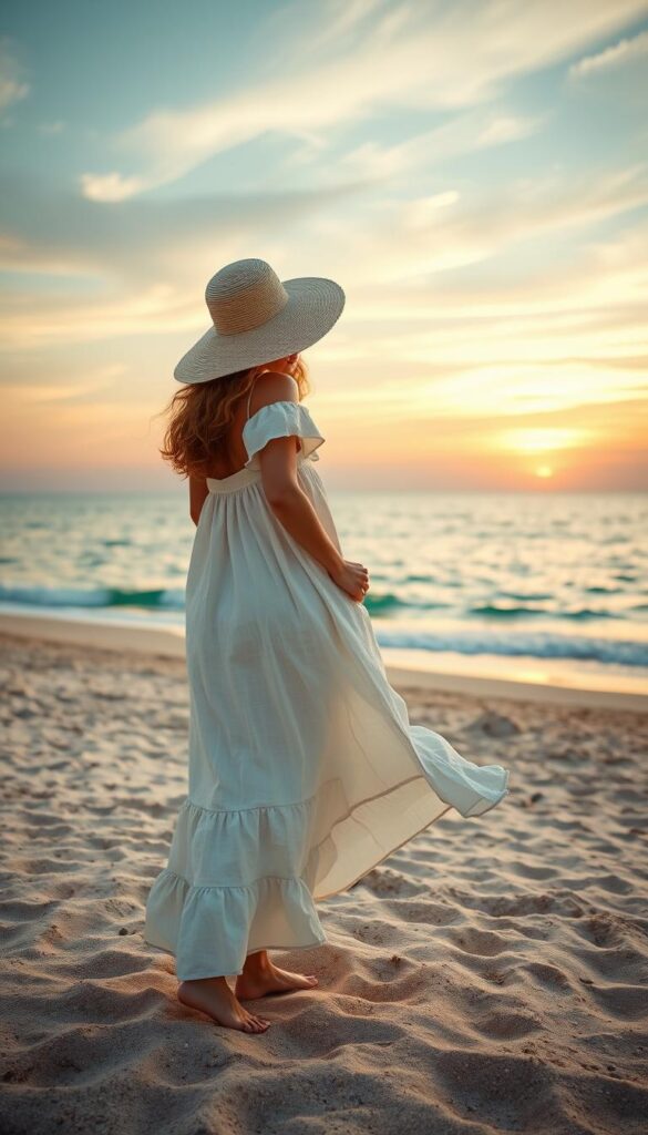 A graceful linen ensemble for seaside elegance. A flowing, off-the-shoulder midi dress in soft ivory linen, its delicate ruffle hem swaying in the ocean breeze. Paired with a wide-brimmed straw hat, shielding the model's face in dreamy chiaroscuro lighting. Across the middle ground, a plush, sandy beach leads to a tranquil, azure sea, its gentle waves lapping the shore. In the distance, a vibrant sunset paints the sky in warm hues, casting a romantic glow over the entire scene. A graceful linen ensemble for seaside elegance. A flowing, off-the-shoulder midi dress in soft ivory linen, its delicate ruffle hem swaying in the ocean breeze. Paired with a wide-brimmed straw hat, shielding the model's face in dreamy chiaroscuro lighting. Across the middle ground, a plush, sandy beach leads to a tranquil, azure sea, its gentle waves lapping the shore. In the distance, a vibrant sunset paints the sky in warm hues, casting a romantic glow over the entire scene.