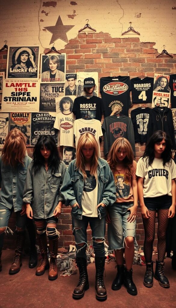 A grainy, vintage-style photograph capturing the evolution of 90s grunge fashion. In the foreground, a group of models wearing distressed denim, oversized flannels, and heavy combat boots, their faces obscured by messy, unwashed hair. In the middle ground, a mosaic of grunge-inspired fashion pieces, from ripped t-shirts to ripped fishnets, against a backdrop of faded concert posters and crumbling brick walls. The lighting is moody and low-key, with a sepia-toned color palette that evokes the gritty, rebellious spirit of the era. The scene is shot with a wide-angle lens, giving a sense of the historical context and the enduring influence of grunge fashion on modern style. A grainy, vintage-style photograph capturing the evolution of 90s grunge fashion. In the foreground, a group of models wearing distressed denim, oversized flannels, and heavy combat boots, their faces obscured by messy, unwashed hair. In the middle ground, a mosaic of grunge-inspired fashion pieces, from ripped t-shirts to ripped fishnets, against a backdrop of faded concert posters and crumbling brick walls. The lighting is moody and low-key, with a sepia-toned color palette that evokes the gritty, rebellious spirit of the era. The scene is shot with a wide-angle lens, giving a sense of the historical context and the enduring influence of grunge fashion on modern style.