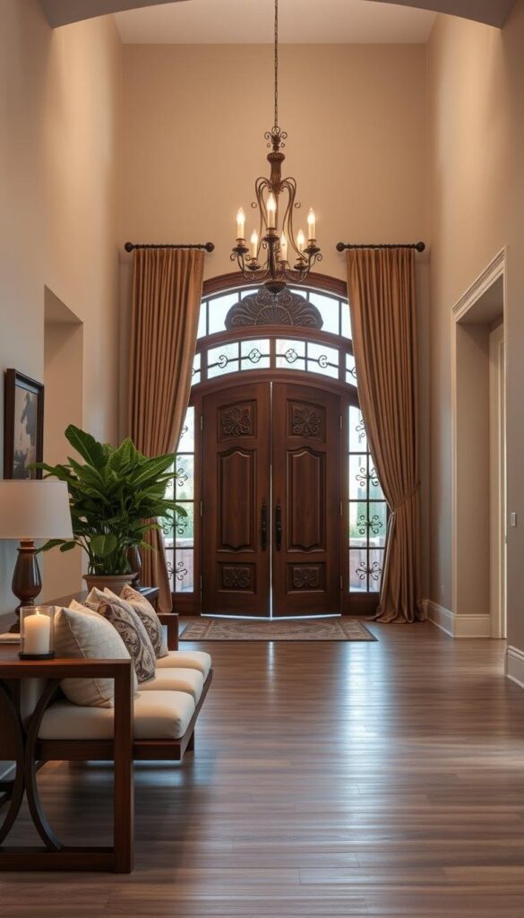 A grand, inviting entryway with a warm, cozy atmosphere. In the foreground, a stylish wooden bench adorned with plush cushions and decorative throw pillows. Beside it, a sleek wooden side table displaying a lush potted plant and a decorative candle. In the middle ground, a magnificent wooden double door with intricate carvings, framed by elegant curtains that flow gracefully. The background features a spacious, well-lit foyer with a high ceiling, featuring a stunning chandelier casting a soft, ambient glow. The overall scene exudes a sense of elegance, sophistication, and a welcoming ambiance that sets the tone for the entire home. A grand, inviting entryway with a warm, cozy atmosphere. In the foreground, a stylish wooden bench adorned with plush cushions and decorative throw pillows. Beside it, a sleek wooden side table displaying a lush potted plant and a decorative candle. In the middle ground, a magnificent wooden double door with intricate carvings, framed by elegant curtains that flow gracefully. The background features a spacious, well-lit foyer with a high ceiling, featuring a stunning chandelier casting a soft, ambient glow. The overall scene exudes a sense of elegance, sophistication, and a welcoming ambiance that sets the tone for the entire home.