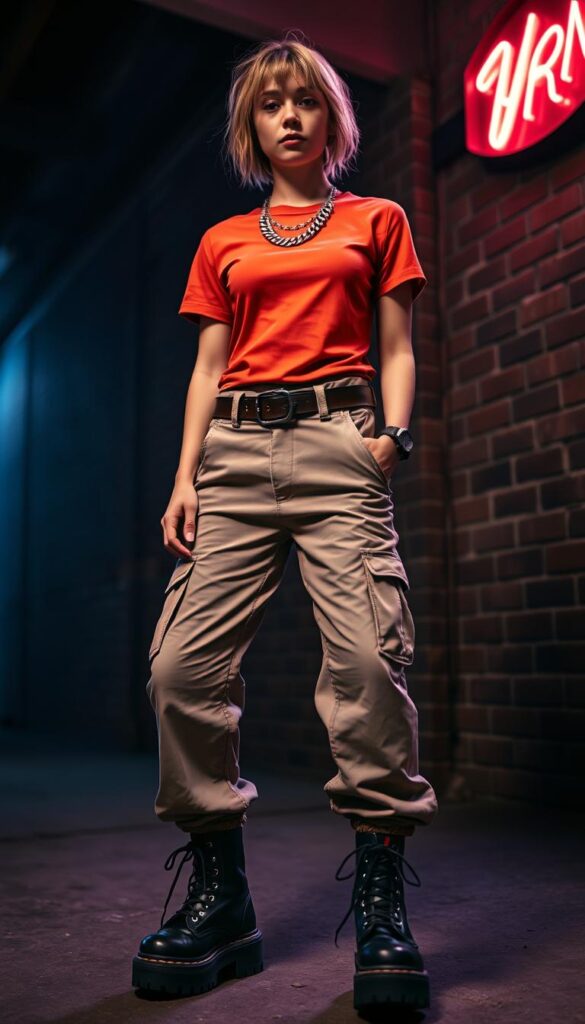 A grunge-inspired Y2K fashion outfit featuring cargo pants in a neutral shade, paired with a tight-fitting baby tee in a bold, solid color. The outfit is accessorized with a studded leather belt, a chunky chain necklace, and platform combat boots. The lighting is moody and atmospheric, with dramatic shadows and highlights that accentuate the edgy, urban vibe. The camera angle is slightly low, creating a sense of visual interest and emphasizing the attitude of the look. The background is a gritty, industrial setting, with exposed brick walls and a hint of neon signage, further reinforcing the grungy, early 2000s aesthetic. A grunge-inspired Y2K fashion outfit featuring cargo pants in a neutral shade, paired with a tight-fitting baby tee in a bold, solid color. The outfit is accessorized with a studded leather belt, a chunky chain necklace, and platform combat boots. The lighting is moody and atmospheric, with dramatic shadows and highlights that accentuate the edgy, urban vibe. The camera angle is slightly low, creating a sense of visual interest and emphasizing the attitude of the look. The background is a gritty, industrial setting, with exposed brick walls and a hint of neon signage, further reinforcing the grungy, early 2000s aesthetic.
