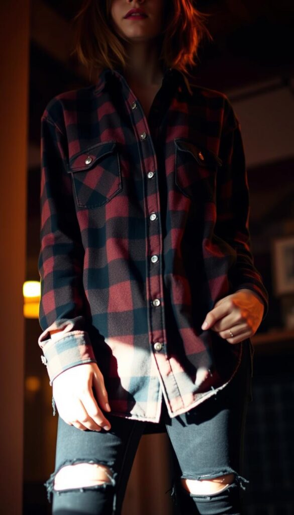 A grunge-inspired outfit featuring a flannel button-up shirt with a distressed, vintage-inspired look, paired with ripped black skinny jeans. The outfit has a contemporary, edgy vibe, with the flannel shirt adding a touch of rugged, laid-back cool. The lighting is warm and moody, creating a cozy, atmospheric feel. The camera angle is slightly low, giving the image a sense of depth and emphasizing the subject. The background is blurred, keeping the focus on the outfit and creating a minimalist, fashion-forward aesthetic. A grunge-inspired outfit featuring a flannel button-up shirt with a distressed, vintage-inspired look, paired with ripped black skinny jeans. The outfit has a contemporary, edgy vibe, with the flannel shirt adding a touch of rugged, laid-back cool. The lighting is warm and moody, creating a cozy, atmospheric feel. The camera angle is slightly low, giving the image a sense of depth and emphasizing the subject. The background is blurred, keeping the focus on the outfit and creating a minimalist, fashion-forward aesthetic.