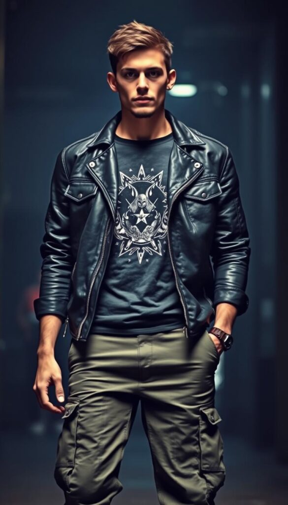 A grunge-inspired outfit, featuring a worn-in black leather jacket with distressed edges, over a graphic tee with a bold, edgy design. The look is completed by a pair of olive cargo pants with multiple pockets and a rugged, utilitarian aesthetic. The lighting is moody and atmospheric, creating a gritty, urban vibe. The camera angle is slightly low, emphasizing the model's confident, street-smart posture. The overall mood is one of effortless cool, perfect for navigating the concrete jungle. A grunge-inspired outfit, featuring a worn-in black leather jacket with distressed edges, over a graphic tee with a bold, edgy design. The look is completed by a pair of olive cargo pants with multiple pockets and a rugged, utilitarian aesthetic. The lighting is moody and atmospheric, creating a gritty, urban vibe. The camera angle is slightly low, emphasizing the model's confident, street-smart posture. The overall mood is one of effortless cool, perfect for navigating the concrete jungle.