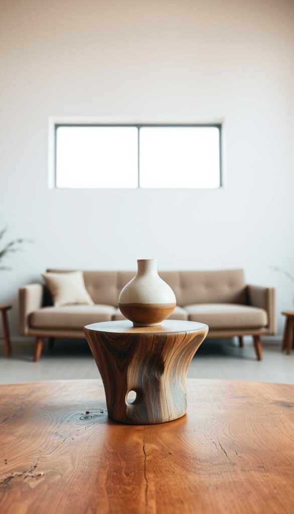A harmonious blend of modern and wabi-sabi aesthetics. In the foreground, a minimalist wooden table with a textured surface, showcasing the natural imperfections of the material. Atop the table, a single ceramic vase with an organic, asymmetrical form, its glaze subtly crackled. Soft, diffused lighting from a large window casts a warm glow, creating a sense of tranquility. In the middle ground, a low-profile, mid-century modern sofa upholstered in a muted, earthy tone, complementing the wabi-sabi elements. The background features a clean, white wall, allowing the natural materials and imperfections to take center stage. An overall atmosphere of understated elegance, embracing the beauty in the imperfect. A harmonious blend of modern and wabi-sabi aesthetics. In the foreground, a minimalist wooden table with a textured surface, showcasing the natural imperfections of the material. Atop the table, a single ceramic vase with an organic, asymmetrical form, its glaze subtly crackled. Soft, diffused lighting from a large window casts a warm glow, creating a sense of tranquility. In the middle ground, a low-profile, mid-century modern sofa upholstered in a muted, earthy tone, complementing the wabi-sabi elements. The background features a clean, white wall, allowing the natural materials and imperfections to take center stage. An overall atmosphere of understated elegance, embracing the beauty in the imperfect.