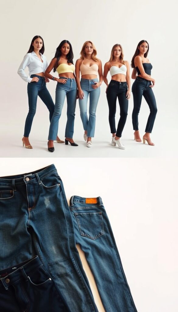 A high-fashion editorial-style image showcasing a diverse range of model body types and jeans styles. In the foreground, a group of models in well-fitted, flattering jeans pose confidently against a clean, minimalist backdrop. Lighting is soft and directional, accentuating the models' forms. The middle ground features a selection of jeans in various cuts, washes, and silhouettes laid out neatly. The background is a simple, neutral tone that allows the focus to remain on the clothing and models. The overall mood is aspirational yet relatable, highlighting how different body types can be stylishly complemented by the right jeans. A high-fashion editorial-style image showcasing a diverse range of model body types and jeans styles. In the foreground, a group of models in well-fitted, flattering jeans pose confidently against a clean, minimalist backdrop. Lighting is soft and directional, accentuating the models' forms. The middle ground features a selection of jeans in various cuts, washes, and silhouettes laid out neatly. The background is a simple, neutral tone that allows the focus to remain on the clothing and models. The overall mood is aspirational yet relatable, highlighting how different body types can be stylishly complemented by the right jeans.