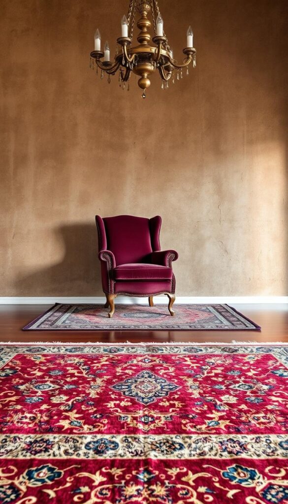 A large, ornate rug with an intricate, multicolored pattern dominates the foreground, its thick, plush texture contrasting with the sleek, glossy hardwood flooring beneath. Anchoring the middle ground, a vintage, velvet armchair in a deep burgundy hue sits atop a patterned, woven area rug, its surface reflecting the ambient lighting from an ornate, brass chandelier above. In the background, a textured, stucco wall in a warm, earthy tone provides a dynamic backdrop, its subtle imperfections adding depth and character to the overall scene. The composition exudes a rich, sophisticated atmosphere, inviting the viewer to imagine the possibilities of combining bold, maximalist textures in a harmonious, visually striking interior design. A large, ornate rug with an intricate, multicolored pattern dominates the foreground, its thick, plush texture contrasting with the sleek, glossy hardwood flooring beneath. Anchoring the middle ground, a vintage, velvet armchair in a deep burgundy hue sits atop a patterned, woven area rug, its surface reflecting the ambient lighting from an ornate, brass chandelier above. In the background, a textured, stucco wall in a warm, earthy tone provides a dynamic backdrop, its subtle imperfections adding depth and character to the overall scene. The composition exudes a rich, sophisticated atmosphere, inviting the viewer to imagine the possibilities of combining bold, maximalist textures in a harmonious, visually striking interior design.