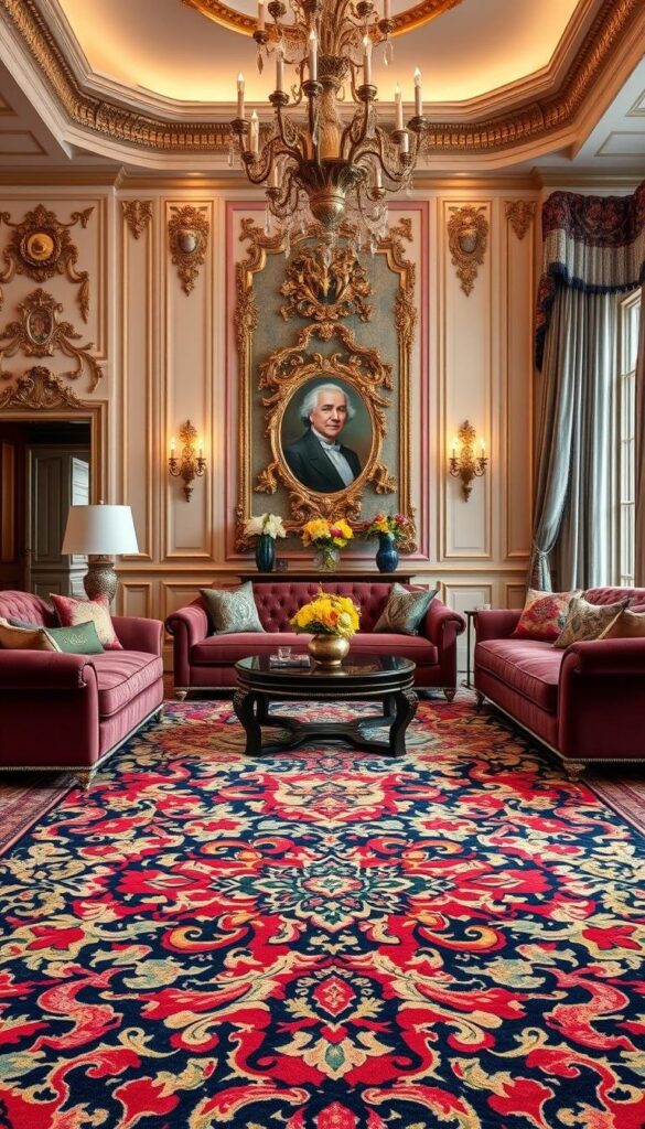 A lavish living room with an opulent, maximalist floor covering. The foreground features an ornate, multi-colored area rug with a bold, intricate pattern that commands attention. The middle ground showcases luxurious velvet upholstered furniture in deep, rich hues, complementing the vibrant rug. The background is adorned with ornate, gilded wall decor and sumptuous draperies, creating a sense of grandeur. Warm, soft lighting casts a cozy glow, accentuating the room's indulgent, sophisticated atmosphere. The overall composition exudes a harmonious blend of elegance, opulence, and a touch of whimsy, perfectly embodying the essence of "Maximalist Flooring: Bold Patterns to Transform Your Space." A lavish living room with an opulent, maximalist floor covering. The foreground features an ornate, multi-colored area rug with a bold, intricate pattern that commands attention. The middle ground showcases luxurious velvet upholstered furniture in deep, rich hues, complementing the vibrant rug. The background is adorned with ornate, gilded wall decor and sumptuous draperies, creating a sense of grandeur. Warm, soft lighting casts a cozy glow, accentuating the room's indulgent, sophisticated atmosphere. The overall composition exudes a harmonious blend of elegance, opulence, and a touch of whimsy, perfectly embodying the essence of "Maximalist Flooring: Bold Patterns to Transform Your Space."
