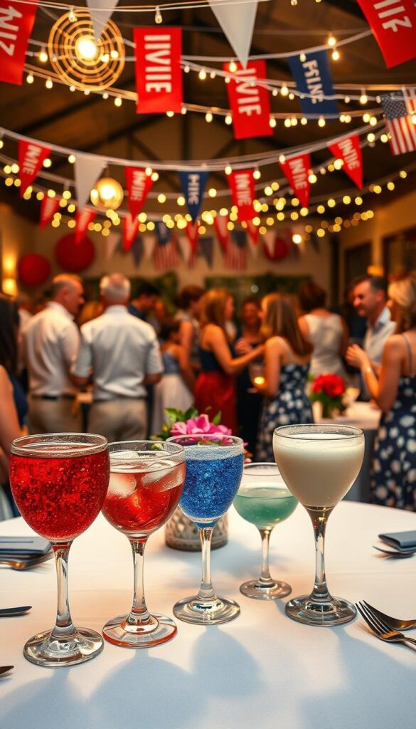 A lively 4th of July cocktail tasting party set against a backdrop of red, white, and blue decorations. In the foreground, a table is laid with an array of glittering glasses filled with patriotic-themed cocktails - perhaps a ruby-red berry mocktail in a stars-and-stripes pattern, a shimmering blue gin fizz, and a creamy white Russian-inspired drink. Guests mingle in the middle ground, chatting animatedly and sampling the festive libations. The scene is illuminated by warm, golden lighting, creating a cozy, celebratory atmosphere. Crisp white tablecloths, gleaming silverware, and fresh floral centerpieces add an elegant touch. Overhead, twinkling string lights and hanging flags flutter gently, evoking a sense of American pride and summertime revelry. A lively 4th of July cocktail tasting party set against a backdrop of red, white, and blue decorations. In the foreground, a table is laid with an array of glittering glasses filled with patriotic-themed cocktails - perhaps a ruby-red berry mocktail in a stars-and-stripes pattern, a shimmering blue gin fizz, and a creamy white Russian-inspired drink. Guests mingle in the middle ground, chatting animatedly and sampling the festive libations. The scene is illuminated by warm, golden lighting, creating a cozy, celebratory atmosphere. Crisp white tablecloths, gleaming silverware, and fresh floral centerpieces add an elegant touch. Overhead, twinkling string lights and hanging flags flutter gently, evoking a sense of American pride and summertime revelry.