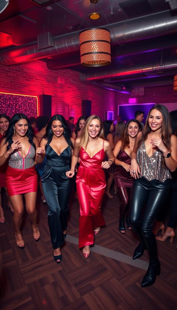 A lively and energetic dance floor in a chic nightclub, dimly lit with neon accents and a pulsing soundtrack. In the foreground, a group of friends excitedly dancing in their Valentine's-inspired outfits - sparkling mini dresses, slinky satin jumpsuits, and leather pants paired with shimmering tops. Their outfits are a vibrant mix of reds, pinks, and metallics, perfectly complementing the festive atmosphere. The middle ground features a lively crowd moving to the beat, while the background showcases the club's sleek, modern decor - exposed brick walls, metallic accents, and colorful lighting that creates an electrifying ambiance. Shot with a wide-angle lens to capture the energy and motion of the scene. A lively and energetic dance floor in a chic nightclub, dimly lit with neon accents and a pulsing soundtrack. In the foreground, a group of friends excitedly dancing in their Valentine's-inspired outfits - sparkling mini dresses, slinky satin jumpsuits, and leather pants paired with shimmering tops. Their outfits are a vibrant mix of reds, pinks, and metallics, perfectly complementing the festive atmosphere. The middle ground features a lively crowd moving to the beat, while the background showcases the club's sleek, modern decor - exposed brick walls, metallic accents, and colorful lighting that creates an electrifying ambiance. Shot with a wide-angle lens to capture the energy and motion of the scene.
