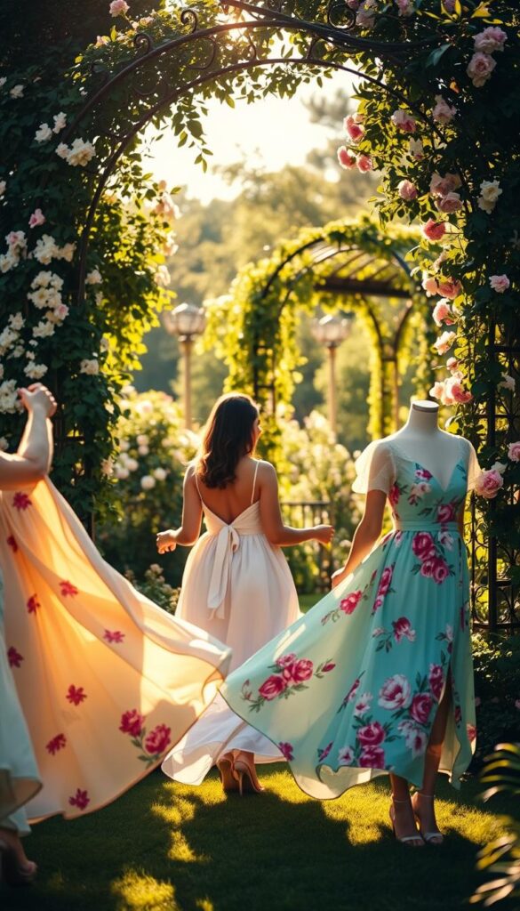 A lush garden party setting, sun-dappled with warm, golden light. In the foreground, a selection of elegant summer dresses in soft pastels and vibrant floral prints, flowing gracefully as if dancing in a gentle breeze. The midground features a backdrop of blooming flowers, their petals casting delicate shadows across the scene. In the distance, a wrought-iron gazebo or trellis, entwined with verdant vines and blooms, sets the stage for a serene, dreamy atmosphere. The overall mood is one of effortless sophistication, capturing the essence of a joyful summer garden celebration. A lush garden party setting, sun-dappled with warm, golden light. In the foreground, a selection of elegant summer dresses in soft pastels and vibrant floral prints, flowing gracefully as if dancing in a gentle breeze. The midground features a backdrop of blooming flowers, their petals casting delicate shadows across the scene. In the distance, a wrought-iron gazebo or trellis, entwined with verdant vines and blooms, sets the stage for a serene, dreamy atmosphere. The overall mood is one of effortless sophistication, capturing the essence of a joyful summer garden celebration.