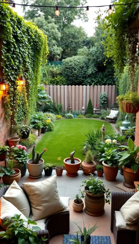 A lush, green vertical garden cascading down the backyard walls, with trailing vines and vibrant foliage. The garden is illuminated by soft, warm lighting, casting a serene glow over the outdoor space. In the foreground, a cozy seating area with plush cushions and wicker furnishings invites relaxation. Scattered throughout the scene are decorative pots, planters, and hanging baskets overflowing with a variety of thriving plants, creating a harmonious and rejuvenating atmosphere. The middle ground features a well-manicured lawn, dotted with strategically placed garden sculptures and whimsical water features. In the background, a wooden fence or trellis acts as a natural backdrop, enhancing the sense of lush, inviting greenery. A lush, green vertical garden cascading down the backyard walls, with trailing vines and vibrant foliage. The garden is illuminated by soft, warm lighting, casting a serene glow over the outdoor space. In the foreground, a cozy seating area with plush cushions and wicker furnishings invites relaxation. Scattered throughout the scene are decorative pots, planters, and hanging baskets overflowing with a variety of thriving plants, creating a harmonious and rejuvenating atmosphere. The middle ground features a well-manicured lawn, dotted with strategically placed garden sculptures and whimsical water features. In the background, a wooden fence or trellis acts as a natural backdrop, enhancing the sense of lush, inviting greenery.