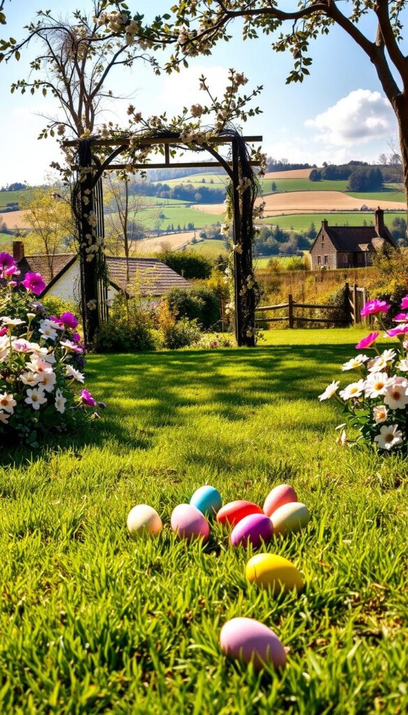 A lush outdoor setting with a sun-dappled lawn, surrounded by blooming flowers and a picturesque garden. In the foreground, a cluster of colorful Easter eggs are hidden amidst the grass and foliage, inviting children to embark on a delightful hunt. The middle ground features a charming gazebo or trellis, adorned with delicate vines and blossoms, providing a perfect backdrop for the festivities. In the distance, a picturesque countryside landscape with rolling hills and a quaint country house completes the idyllic scene, bathed in warm, natural lighting and a sense of pastoral serenity. A lush outdoor setting with a sun-dappled lawn, surrounded by blooming flowers and a picturesque garden. In the foreground, a cluster of colorful Easter eggs are hidden amidst the grass and foliage, inviting children to embark on a delightful hunt. The middle ground features a charming gazebo or trellis, adorned with delicate vines and blossoms, providing a perfect backdrop for the festivities. In the distance, a picturesque countryside landscape with rolling hills and a quaint country house completes the idyllic scene, bathed in warm, natural lighting and a sense of pastoral serenity.