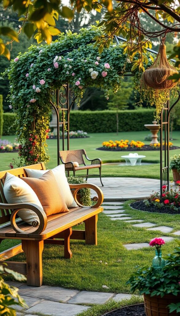 A lush, tranquil outdoor space with artfully arranged garden decor. In the foreground, a rustic wooden bench adorned with plush cushions invites leisurely relaxation. Mid-ground, a wrought-iron gazebo draped in cascading vines and flowering plants creates a captivating focal point. In the background, a well-manicured lawn dotted with colorful flower beds and a trickling water feature set the scene for a peaceful, nature-inspired ambiance. Warm, directional lighting accentuates the textures and hues, evoking a serene, golden-hour atmosphere. A wide-angle lens captures the harmonious composition, showcasing the importance of thoughtful garden decor in creating a truly inviting and rejuvenating outdoor retreat. A lush, tranquil outdoor space with artfully arranged garden decor. In the foreground, a rustic wooden bench adorned with plush cushions invites leisurely relaxation. Mid-ground, a wrought-iron gazebo draped in cascading vines and flowering plants creates a captivating focal point. In the background, a well-manicured lawn dotted with colorful flower beds and a trickling water feature set the scene for a peaceful, nature-inspired ambiance. Warm, directional lighting accentuates the textures and hues, evoking a serene, golden-hour atmosphere. A wide-angle lens captures the harmonious composition, showcasing the importance of thoughtful garden decor in creating a truly inviting and rejuvenating outdoor retreat.