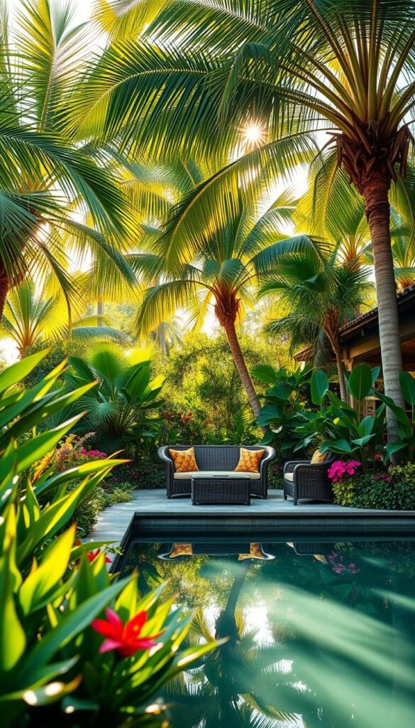 A lush, tropical outdoor oasis with palm trees swaying in the gentle breeze. Sunlight filters through the verdant canopy, casting a warm, golden glow over a cozy seating area featuring wicker furniture and plush, vibrant cushions. In the foreground, a tranquil reflecting pool reflects the surrounding greenery, creating an serene, inviting ambiance. Tall, leafy plants and exotic flowers border the scene, adding pops of vivid color and a sense of lush, natural abundance. The atmosphere is one of relaxation and escape, perfect for savoring the pleasures of summer. A lush, tropical outdoor oasis with palm trees swaying in the gentle breeze. Sunlight filters through the verdant canopy, casting a warm, golden glow over a cozy seating area featuring wicker furniture and plush, vibrant cushions. In the foreground, a tranquil reflecting pool reflects the surrounding greenery, creating an serene, inviting ambiance. Tall, leafy plants and exotic flowers border the scene, adding pops of vivid color and a sense of lush, natural abundance. The atmosphere is one of relaxation and escape, perfect for savoring the pleasures of summer.