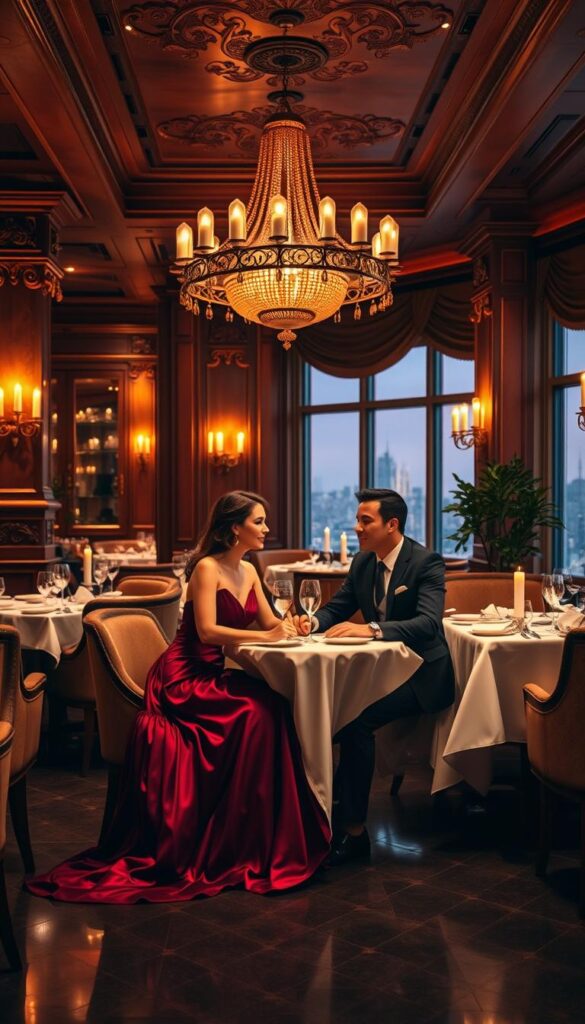 A lush, upscale restaurant interior with warm, romantic lighting, soft candlelight, and elegant tablescapes. In the foreground, two well-dressed individuals dining at a table, the woman wearing a flowing, floor-length gown in a rich jewel-toned color, and the man in a tailored suit and tie. Their outfits exude sophistication and style, complementing the refined ambiance of the space. The background features ornate decor, plush furnishings, and a hint of a city skyline visible through large windows, creating an intimate, high-end atmosphere perfect for a special Valentine's Day date night. A lush, upscale restaurant interior with warm, romantic lighting, soft candlelight, and elegant tablescapes. In the foreground, two well-dressed individuals dining at a table, the woman wearing a flowing, floor-length gown in a rich jewel-toned color, and the man in a tailored suit and tie. Their outfits exude sophistication and style, complementing the refined ambiance of the space. The background features ornate decor, plush furnishings, and a hint of a city skyline visible through large windows, creating an intimate, high-end atmosphere perfect for a special Valentine's Day date night.