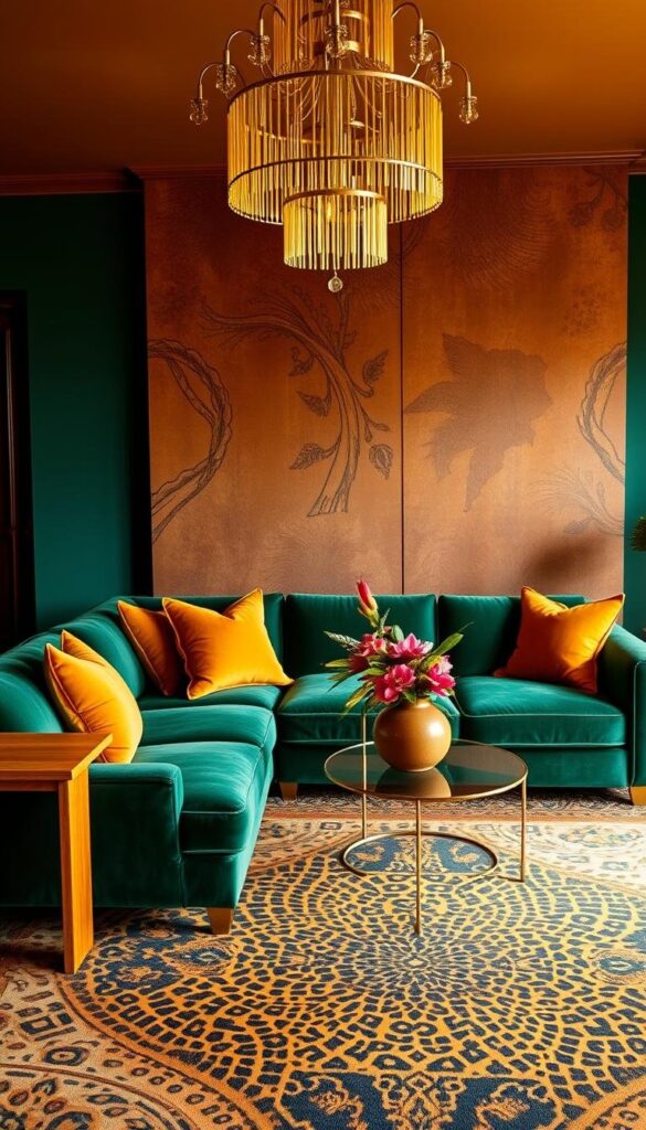 A lush, vibrant color palette featuring rich jewel tones and earthy neutrals, artfully blended to complement the striking patterns of leopard print. In the foreground, a sumptuous velvet sofa in a deep emerald green, accented with ornate brass hardware and plush throw pillows in shades of amber and ochre. Beside it, a sleek side table in a warm, honey-hued wood, topped with a stunning ceramic vase bursting with tropical blooms. The middle ground showcases a striking area rug, its intricate design a mesmerizing interplay of golden ochre, burnt sienna, and deep charcoal. Overhead, a cascading chandelier casts a warm, golden glow, illuminating the space with a sense of luxury and sophistication. In the background, a feature wall in a rich, earthy tone provides a stunning backdrop, elevating the overall aesthetic to one of exotic, Afro-chic glamour. A lush, vibrant color palette featuring rich jewel tones and earthy neutrals, artfully blended to complement the striking patterns of leopard print. In the foreground, a sumptuous velvet sofa in a deep emerald green, accented with ornate brass hardware and plush throw pillows in shades of amber and ochre. Beside it, a sleek side table in a warm, honey-hued wood, topped with a stunning ceramic vase bursting with tropical blooms. The middle ground showcases a striking area rug, its intricate design a mesmerizing interplay of golden ochre, burnt sienna, and deep charcoal. Overhead, a cascading chandelier casts a warm, golden glow, illuminating the space with a sense of luxury and sophistication. In the background, a feature wall in a rich, earthy tone provides a stunning backdrop, elevating the overall aesthetic to one of exotic, Afro-chic glamour.