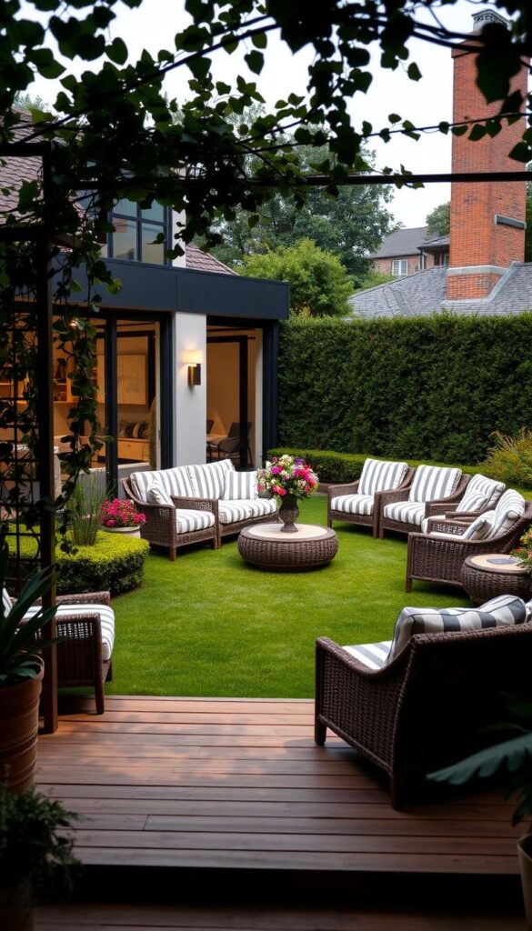 A lush, well-manicured outdoor space with a modern preppy aesthetic. In the foreground, a neatly arranged seating area featuring plush sofas and armchairs upholstered in crisp, striped fabrics. A wooden deck or patio leads to a perfectly trimmed lawn, surrounded by neatly pruned hedges and potted plants. A decorative trellis with climbing vines frames the scene, casting gentle shadows. The background features a mix of contemporary and classic architectural elements, such as a sleek glass-paneled facade and a traditional brick chimney. Soft, diffused lighting illuminates the space, creating a cozy and inviting atmosphere. A lush, well-manicured outdoor space with a modern preppy aesthetic. In the foreground, a neatly arranged seating area featuring plush sofas and armchairs upholstered in crisp, striped fabrics. A wooden deck or patio leads to a perfectly trimmed lawn, surrounded by neatly pruned hedges and potted plants. A decorative trellis with climbing vines frames the scene, casting gentle shadows. The background features a mix of contemporary and classic architectural elements, such as a sleek glass-paneled facade and a traditional brick chimney. Soft, diffused lighting illuminates the space, creating a cozy and inviting atmosphere.