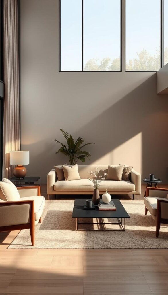 A luxurious and serene living room with a harmonious blend of natural materials and muted tones. Soft, diffused lighting from large windows casts a warm glow, highlighting the elegant furnishings. A plush, neutral-toned sofa anchors the space, accented by a pair of mid-century inspired armchairs. A low, minimalist coffee table is adorned with artfully arranged decor, while a geometric area rug grounds the composition. The overall ambiance is one of understated sophistication and tranquility, reflecting the "quiet luxury" aesthetic. A luxurious and serene living room with a harmonious blend of natural materials and muted tones. Soft, diffused lighting from large windows casts a warm glow, highlighting the elegant furnishings. A plush, neutral-toned sofa anchors the space, accented by a pair of mid-century inspired armchairs. A low, minimalist coffee table is adorned with artfully arranged decor, while a geometric area rug grounds the composition. The overall ambiance is one of understated sophistication and tranquility, reflecting the "quiet luxury" aesthetic.