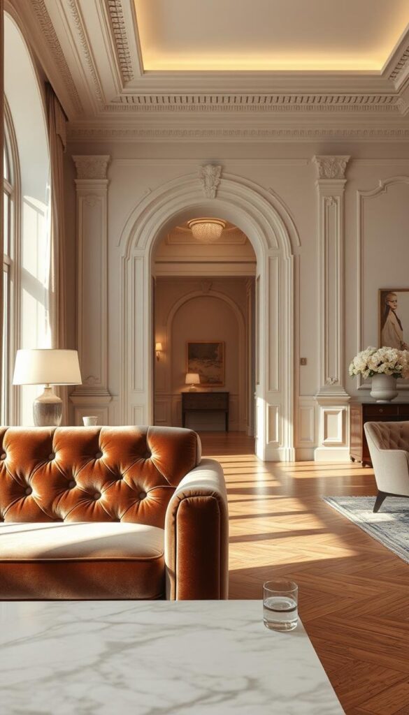 A luxurious and tranquil interior, flooded with soft natural light. Prominent in the foreground, exquisite textures and materials - plush velvet upholstery, smooth marble surfaces, and fine-grained hardwood floors. In the middle ground, architectural details in muted tones, such as arched doorways and intricate moldings, create a sense of refined elegance. The background reveals a minimal, pared-back palette, with hints of muted colors and abstract artworks on the walls, conveying a serene, understated ambiance. Warm, directional lighting sculpts the forms, highlighting the luxurious materiality and evoking a mood of quiet sophistication. A luxurious and tranquil interior, flooded with soft natural light. Prominent in the foreground, exquisite textures and materials - plush velvet upholstery, smooth marble surfaces, and fine-grained hardwood floors. In the middle ground, architectural details in muted tones, such as arched doorways and intricate moldings, create a sense of refined elegance. The background reveals a minimal, pared-back palette, with hints of muted colors and abstract artworks on the walls, conveying a serene, understated ambiance. Warm, directional lighting sculpts the forms, highlighting the luxurious materiality and evoking a mood of quiet sophistication.