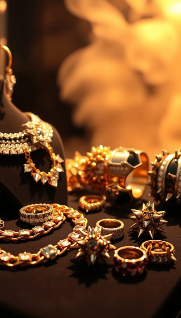 A luxurious display of bold, oversized statement jewelry glimmers under a warm, golden light. In the foreground, a selection of chunky chain necklaces, rhinestone-encrusted earrings, and metallic cuffs are elegantly arranged on a sleek, black background. The middle ground features a mix of edgy, spiky rings and dramatic cocktail rings, casting dramatic shadows. In the background, a soft, hazy atmosphere evokes a sense of exclusivity and high-fashion, complementing the overall bold, baddie aesthetic of the accessories. A luxurious display of bold, oversized statement jewelry glimmers under a warm, golden light. In the foreground, a selection of chunky chain necklaces, rhinestone-encrusted earrings, and metallic cuffs are elegantly arranged on a sleek, black background. The middle ground features a mix of edgy, spiky rings and dramatic cocktail rings, casting dramatic shadows. In the background, a soft, hazy atmosphere evokes a sense of exclusivity and high-fashion, complementing the overall bold, baddie aesthetic of the accessories.