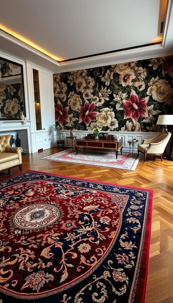 A luxurious living room showcasing an array of maximalist flooring options. In the foreground, a large, ornate area rug with a bold, intricate pattern in rich, jewel-toned hues covers the center of the room. The middle ground features a mix of hardwood floors with a high-gloss finish, complemented by plush, patterned area rugs in contrasting colors and textures. In the background, the walls are adorned with a wallpaper featuring a dramatic, oversized floral motif, creating a cohesive and immersive maximalist aesthetic. The lighting is soft and warm, casting a cozy glow over the space and highlighting the luxurious materials and textures. The overall atmosphere is one of opulence, sophistication, and a bold, unapologetic embrace of maximalist design. A luxurious living room showcasing an array of maximalist flooring options. In the foreground, a large, ornate area rug with a bold, intricate pattern in rich, jewel-toned hues covers the center of the room. The middle ground features a mix of hardwood floors with a high-gloss finish, complemented by plush, patterned area rugs in contrasting colors and textures. In the background, the walls are adorned with a wallpaper featuring a dramatic, oversized floral motif, creating a cohesive and immersive maximalist aesthetic. The lighting is soft and warm, casting a cozy glow over the space and highlighting the luxurious materials and textures. The overall atmosphere is one of opulence, sophistication, and a bold, unapologetic embrace of maximalist design.