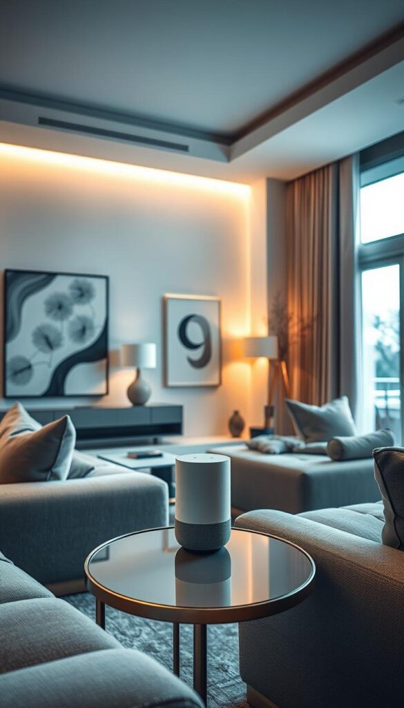 A luxurious living room with a sleek, minimalist design. In the center, a stylish voice assistant device rests atop a modern side table, seamlessly integrated into the room's elegant decor. Soft, warm lighting casts a cozy glow, while large windows allow natural light to filter in. Plush, textured furnishings in muted tones create a serene, inviting ambiance. Abstract artwork and carefully curated accessories enhance the space, blending technology and timeless design. The camera captures the scene from a low angle, emphasizing the harmonious integration of the voice assistant into the refined, high-end interior. A luxurious living room with a sleek, minimalist design. In the center, a stylish voice assistant device rests atop a modern side table, seamlessly integrated into the room's elegant decor. Soft, warm lighting casts a cozy glow, while large windows allow natural light to filter in. Plush, textured furnishings in muted tones create a serene, inviting ambiance. Abstract artwork and carefully curated accessories enhance the space, blending technology and timeless design. The camera captures the scene from a low angle, emphasizing the harmonious integration of the voice assistant into the refined, high-end interior.