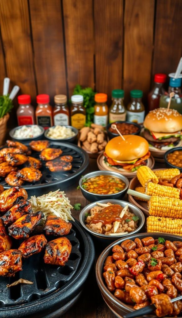 A meticulously crafted spread of mouthwatering barbecue dishes against a wooden backdrop, illuminated by warm, natural lighting. In the foreground, succulent grilled chicken wings, juicy burgers, and skewers of marinated vegetables sizzle on a charcoal grill. In the middle ground, classic sides like creamy coleslaw, baked beans, and grilled corn on the cob complement the main dishes. The background features an array of condiments, sauces, and fresh herbs, creating a rustic, inviting atmosphere for a summer barbecue celebration. The overall scene exudes a vibrant, appetizing energy, capturing the essence of beloved grilling recipes perfect for any backyard gathering. A meticulously crafted spread of mouthwatering barbecue dishes against a wooden backdrop, illuminated by warm, natural lighting. In the foreground, succulent grilled chicken wings, juicy burgers, and skewers of marinated vegetables sizzle on a charcoal grill. In the middle ground, classic sides like creamy coleslaw, baked beans, and grilled corn on the cob complement the main dishes. The background features an array of condiments, sauces, and fresh herbs, creating a rustic, inviting atmosphere for a summer barbecue celebration. The overall scene exudes a vibrant, appetizing energy, capturing the essence of beloved grilling recipes perfect for any backyard gathering.